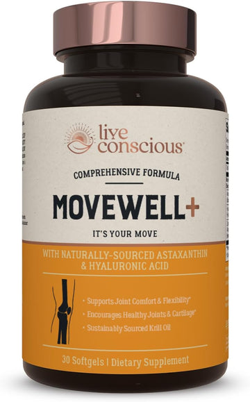 Live Conscious Joint Health Supplement - Movewell Plus Antarctic Krill Oil, Natural Astaxanthin And Hyaluronic Acid | Outperforms Glucosamine