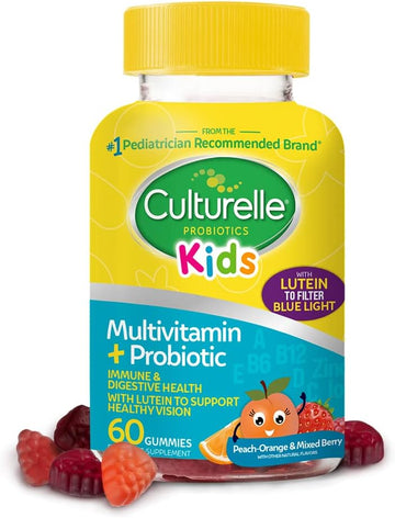 Culturelle Kids Probiotic Gummies For Ages 2+ - Peach-Orange & Mixed Berry Flavors - Digestive & Immune Support With Lutein For Eye Health, 60 Count