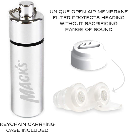 Mack'S High Fidelity Ear Plugs For Concerts, Musicians, Motorcycles, Noise Sensitivity - 1 Pair (2 Comfort Tip Sizes) - Clear Hear Plugs With Case