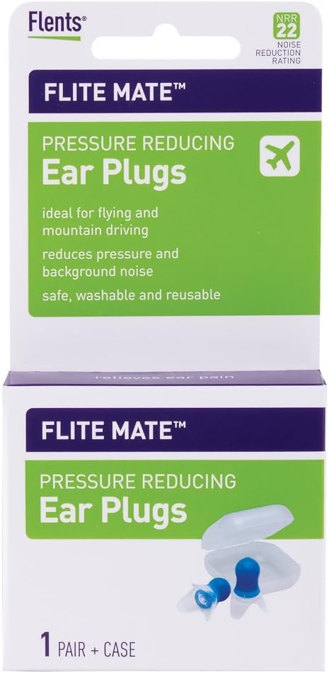 Flents Reusable Ear Plugs, Ideal For Flying And Mountain Driving, Reduces Pressure And Background Noise, 1 Pair With Travel Size Case, Easy Use With Comfort Fit, Nrr 22, Blue, Made In The Usa