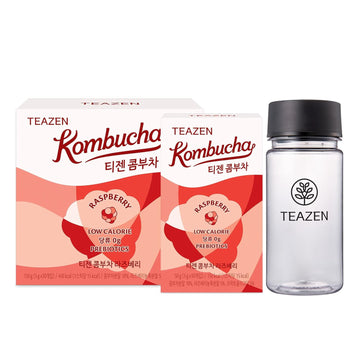 Teazen Kombucha Raspberry Flavor Variety Pack With Classic Eco Bottle (Kombucha Powder 40 Sticks, Eco Bottle 1Ea X 11.8Oz)