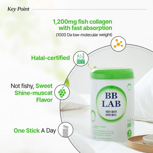 Bb Lab Low Molecular Collagen Biotin Plus, Halal Collagen, Powder Supplement, Korean Marine Collagen, Fish Collagen Peptides, Biotin, Vitamin C, Fast Absorption, Shine Muscat Flavor