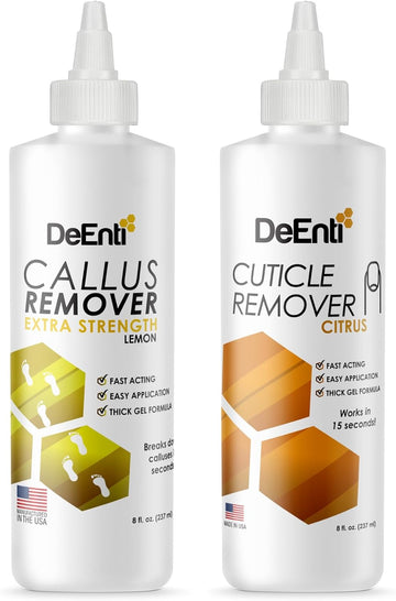 Deenti Extra Strength Foot Callus Remover, 8Oz Salon Grade, Lemon + Instant Cuticle Remover And Softener, 8Oz