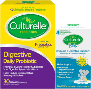 Culturelle Digestive Daily Probiotic Capsules For Men & Women, 30 Count + Culturelle Baby Immune + Digestive Support, Probiotic & Vitamin D Drops 9 Ml