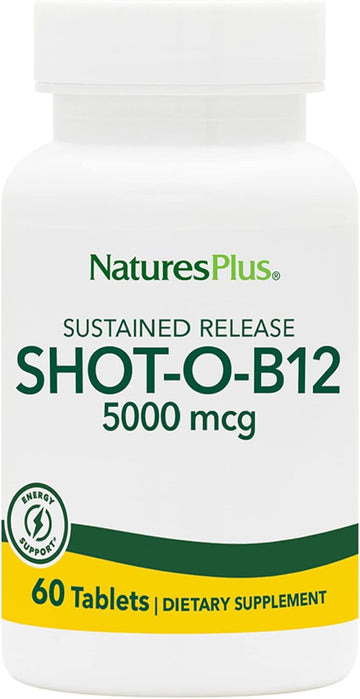 Natures Plus Shot-O-B12 (Methylcobalamin), Sustained Release - 5000 Mcg, 60 Vegetarian Tablets - High Potency, Fast Acting B12 Supplement - Memory & Energy Booster - Gluten-Free - 60 Servings