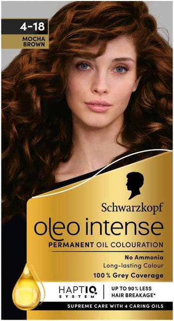 Schwarzkopf Oleo Intense Permanent Oil Colour 4-18 Mocha Brown Hair Dye, 100% Grey Coverage, Conditioner With Haptiq System, Long-Lasting Colour, Ammonia Free Hair Dye