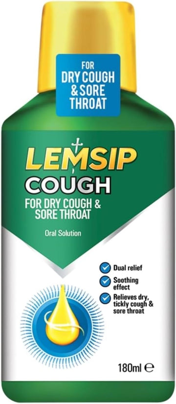 Lemsip Cough Syrup, 180Ml, Paracetamol, Cough Medicine, Dry Cough, Tickly Cough, Sore Throat Relief, Catarrh And Mucus Relief, Dual Relief, Soothing, Decongestants, Medication
