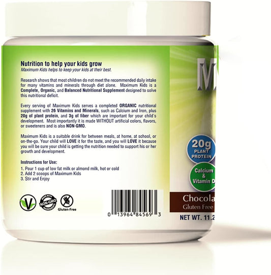 Maximum Kids Complete Organic Powder Mix. Great Tasting, Easy To Use, Complete Nutritional Drink With 26 Vitamins And Minerals, 20G Of Plant Protein, 3G Of Fiber. Kid Tested. Parents Approved