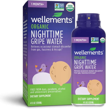 Wellements Organic Nighttime Gripe Water | Bedtime Relief for Baby Gas, Colic & Fussiness | Sleepy Time Herbs Promote a Peaceful Night’s Sleep | USDA Certified Organic & Non GMO | 1 Month +, 4 Fl Oz