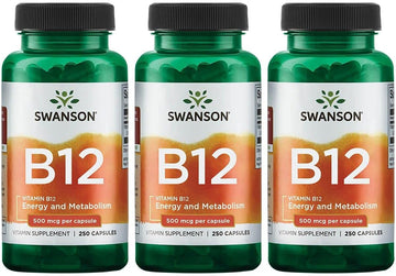 Swanson Vitamin B12 (Cyanocobalamin) - 500Mcg Each, 250 Capsules - Energy, Nervous System, And Overall Wellness Support (3 Pack)