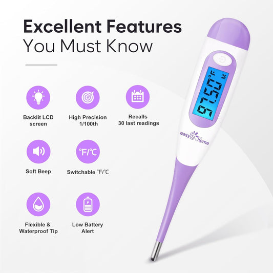 Easy@Home Digital Basal Thermometer With Large Backlight Lcd Display, 1/100Th Degree High Precision And Memory Recall, Not Bluetooth Enabled,Upgraded Ebt-100B-P (Purple)