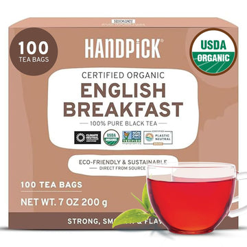Handpick, Organic English Breakfast Black Tea Bags (100 Count) Usda Organic, Non-Gmo | Strong, Robust, High-Caffeine Black Tea | Eco-Conscious Tea Bags, Brew English Breakfast Tea & Kombucha Tea