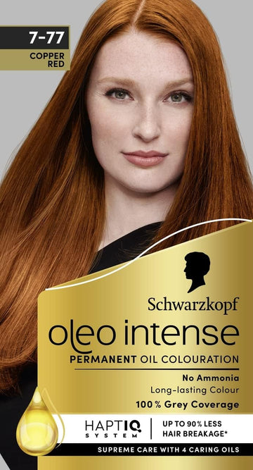 Schwarzkopf Oleo Intense Permanent Oil Colour 7-77 Copper Red Hair Dye, 100% Grey Coverage, Conditioner With Haptiq System, Long-Lasting Colour, Ammonia Free Hair Dye