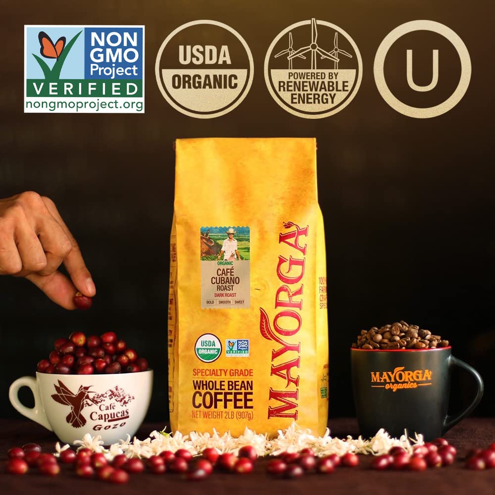 Mayorga Decaf Dark Roast Coffee, 12 Oz Bag - Swiss Water Decaffeinated Café Cubano Coffee Roast - 100% Arabica Whole Coffee Beans - Smoothest Organic Coffee - Specialty Grade, Non-Gmo, Direct Trade
