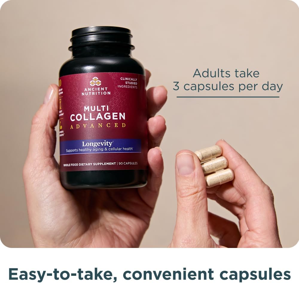 Ancient Nutrition Multi Collagen Advanced Longevity With Probiotics, Hydrolyzed Collagen Peptides Promotes Healthy Aging And Cellular Energy, 90 Count : Health & Household