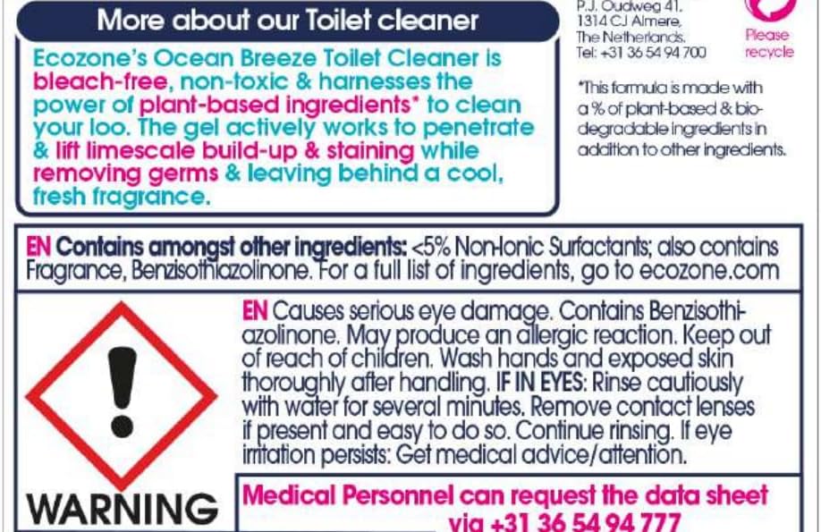 Ecozone 3 In 1 Toilet Cleaner Ocean Br 750Ml X 5 (Pack Of 5)