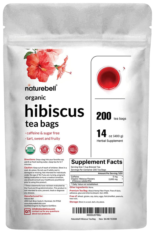 Organic Hibiscus Tea, 200 Tea Bags | Sugar Free Sweet & Tart Flavor โ Antioxidant Rich โ Great For Flor De Jamaica Tea โ No Caffeine โ Abacรก Hemp Fiber Bag โ Non-Gmo