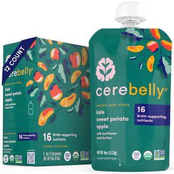 Cerebelly Organic Baby Food Pouches, Kale Sweet Potato Apple With Sunflower Seed Butter, Organic Fruit & Veggie Purees, Great Snack For Toddlers, Usda Certified Organic, Non-Gmo, 4 Ounce (Pack Of 12)