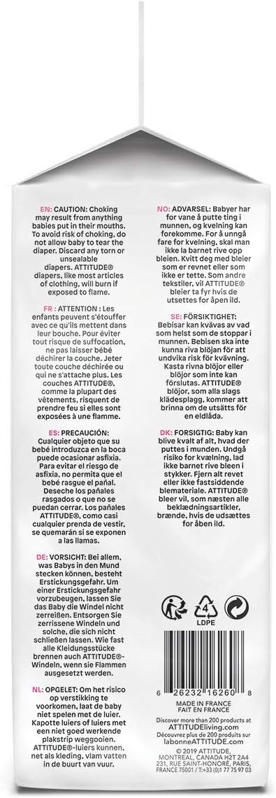 ATTITUDE Non-Toxic Diapers, Eco-Friendly, Hypoallergenic, Safe for Sensitive Skin, Chlorine-Free, Leak-Free & Biodegradable Baby Diapers, Plain White (Unprinted), Size 6 (35-66 lbs), 20 Count