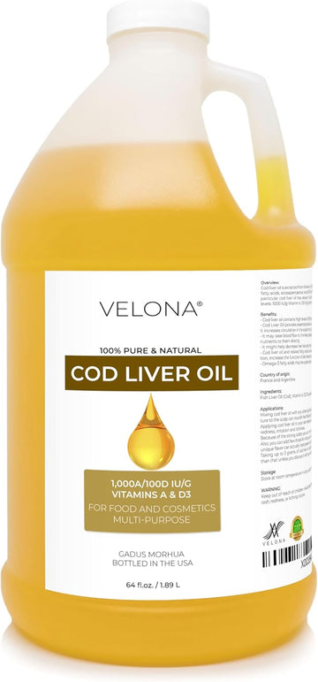 velona Cod Liver Oil - 64 oz | 1,000A/100D IU/g Omega 3 Vitamins A & D3 | Norwegian Arctic Sustainably Sourced Nordic Oil | Hair, Body and Skin Care | Use Today - Enjoy Results
