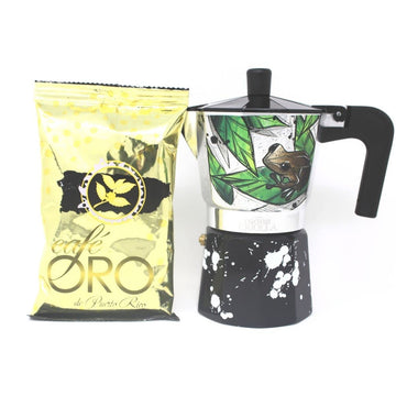 Affinity Foods Puerto Rican Artists Edition Espresso Maker Aluminum Stovetop 6 Cup Coffee Maker With  Cafe Oro Ground Coffee Sample (Maga Flower/Coqui)
