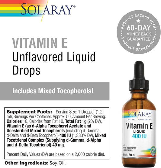Solaray Vitamin E Drops 400Iu | Unflavored W/Mixed Tocopherols | Healthy Heart, Antioxidant Activity & Skin Support | Vegan | 2 Fl Oz