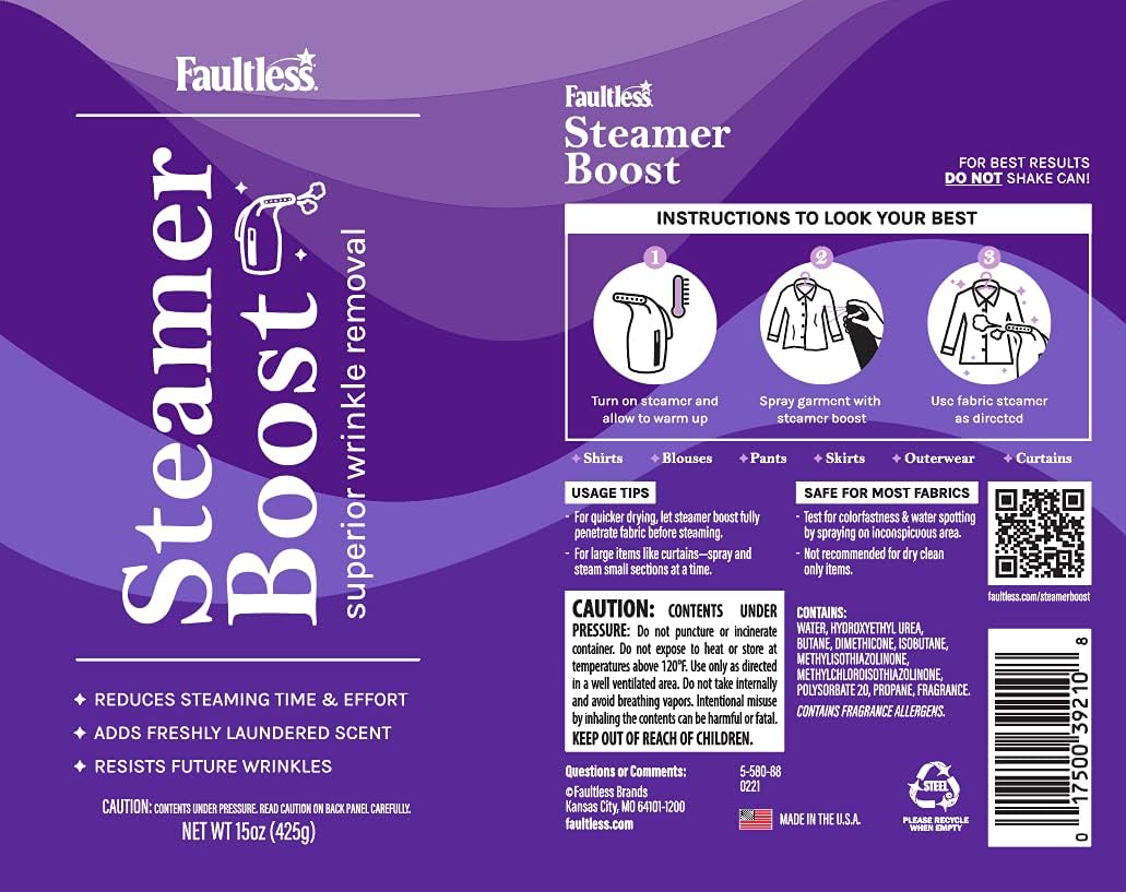 Faultless Steamer Boost (2 Pack) - Wrinkle Remover Spray for Clothes - Fabric Steamer to Reduce Steaming Time & Effort β Travel Wrinkle Spray w/Freshly Laundered Scent & Removes Odor, 15 oz (425g) : Health & Household