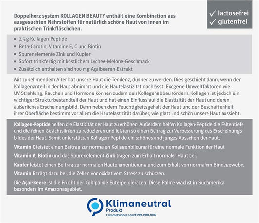 Doppelherz Collagen Beauty, 30 Drinking Bottles - With Collagen Peptides, Açai Extract, Biotin, Zinc - Anti-Wrinkles, Skin Health