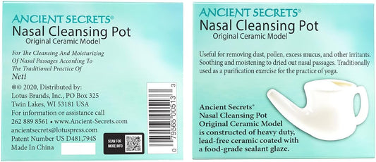 Ancient Secrets Neti Pot Sinus Rinse + Pre-Measured Cleansing Salt Pack – Dishwasher-Safe Ceramic Model, Patented Ergonomic No-Leak Design, Nasal Cleansing Pot, Nasal Irrigation