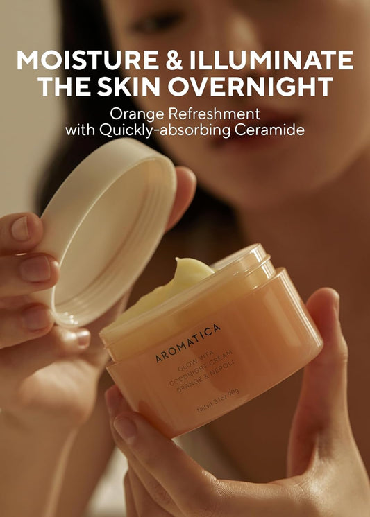 Aromatica Glow Vita Goodnight Cream Orange & Neroli 3.1Fl Oz/90G - Night Cream Moisturizer For Face & Neck | Anti Aging Wrinkle Cream With Vitamin C, 5% Niacinamide