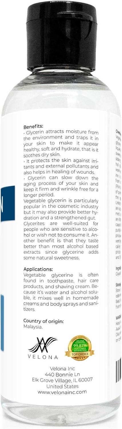 velona Glycerin Vegetable USP Grade 6 oz | 100% Pure and Natural Carrier Oil | Hair and Face Moisturizer for Dry Skin, Bubble Bath, Glycerin Soap, Soap Base | Use Today - Enjoy Results : Beauty & Personal Care