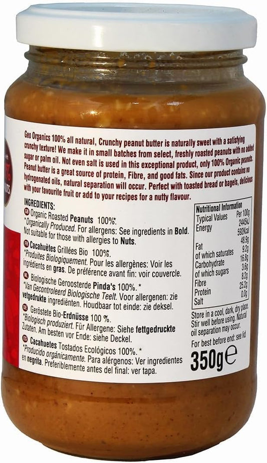 Geo Organics Crunchy Peanut Butter 350G Jar (3Pk) -Made With 100% Organic Roasted Peanuts -Natural, No Palm Oil, No Added Sugar, No Salt, Hi-Oleic Peanuts, High Protein, Gluten Free, Vegan, Dairy Free