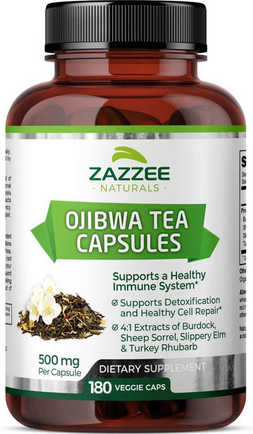 Zazzee Extra Strength Ojibwa Tea 500 Mg, 180 Vegan Capsules, Rene Caisse'S Original Formula, Burdock, Sheep Sorrel, Slippery Elm, Turkey Rhubarb, Potent 4:1 Extracts, Vegan, Non-Gmo And All-Natural