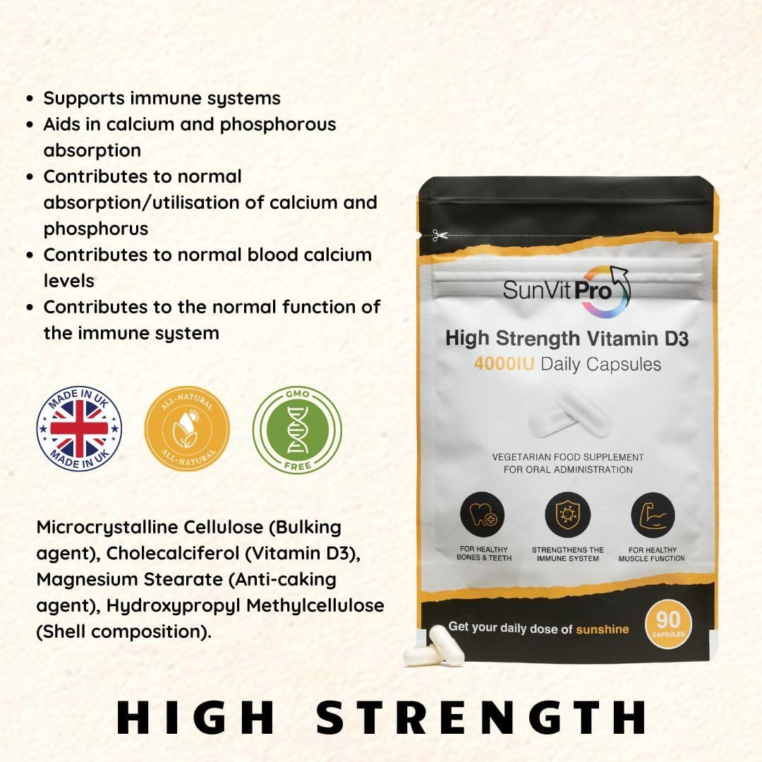 SunVit-D3 Vitamin D3 4000 IU Capsules | High Strength Vitamin D Capsules Supports Immune System, Bone, Teeth & Muscle Health | Gluten Free, Dairy Free | Vitamin D Supplements (90 Count) : Amazon.co.uk: Health & Personal Care