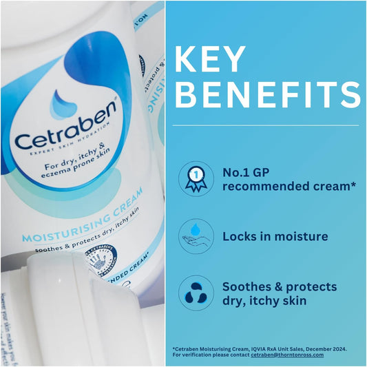 Cetraben Moisturising Cream, For Dry, Itchy, Sensitive & Eczema-Prone Skin, Soothe, Moisturise, Hydrate, & Protect, Dermatological Moisturiser,Daily Use On The Body, Fragrance Free, 1 X 475Ml