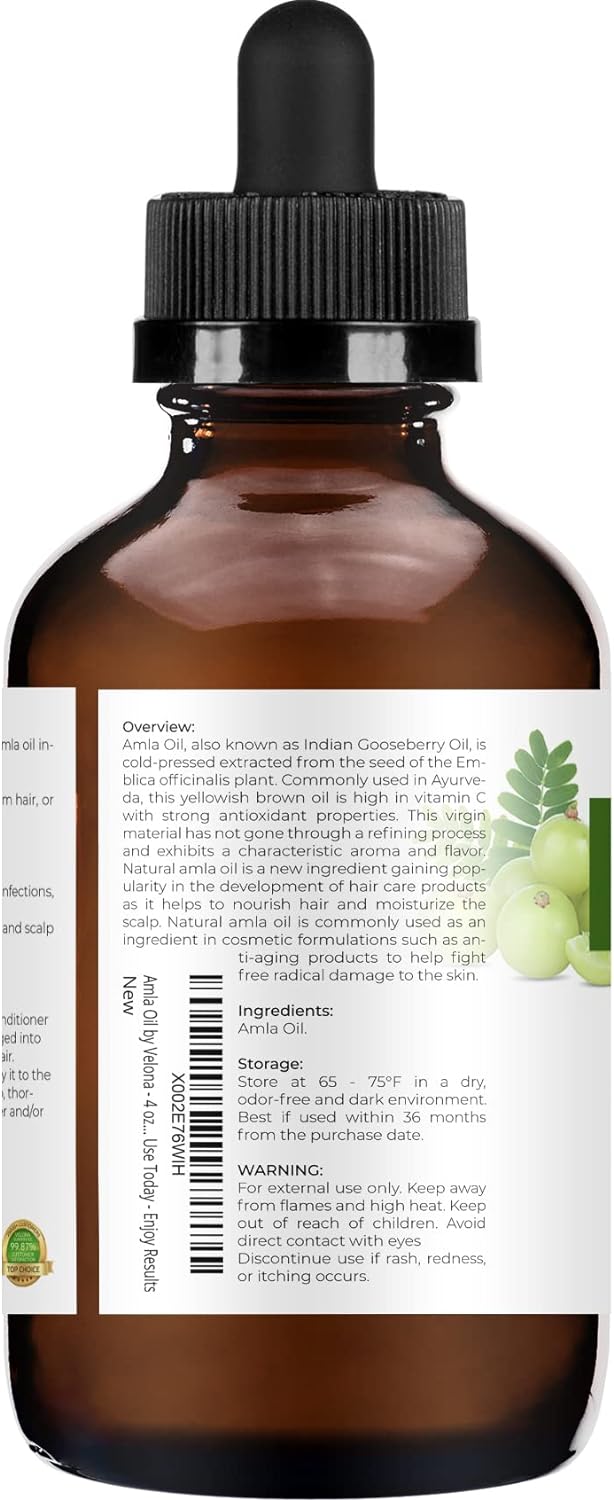 velona Amla Oil USDA Certified Organic - 4 oz (With Dropper) | 100% Pure and Natural Carrier Oil | Extra Virgin, Unrefined, Cold Pressed : Beauty & Personal Care