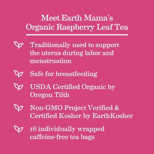 Earth Mama Organic Raspberry Leaf Tea Bags | Labor Tonic & Menstrual Support Herbal Tea, Red Raspberry Leaf Tea For Pregnancy & Postpartum Care Recovery, Caffeine Free Tea, Non Gmo, (16 Teabags)
