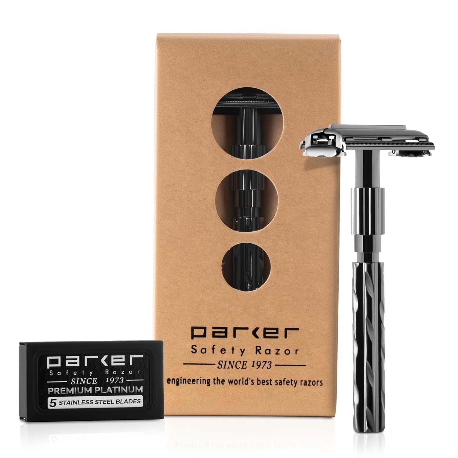 Parker 22R Gunmetal Finish Long-Handle Butterfly Safety Razor For Men – Premium Brass Construction, Close Smooth Shave + 5 Razor Blades Included : Beauty & Personal Care