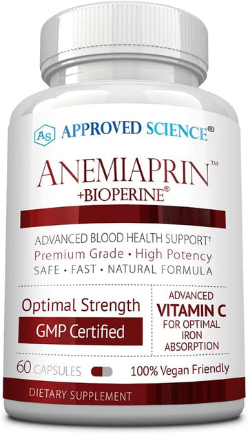 Approved Science Anemiaprin - Absorbable Iron, Vitamin C - Gentle On Stomach - 60 Capsules - 1 Month Supply - Non-Gmo, Vegan