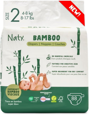 Naty Bamboo Viscose Baby Diapers – Silky Soft, Plant Based, Dermatologically Tested For Sensitive Skin & Super Absorbent (Size 2, 88 Count)
