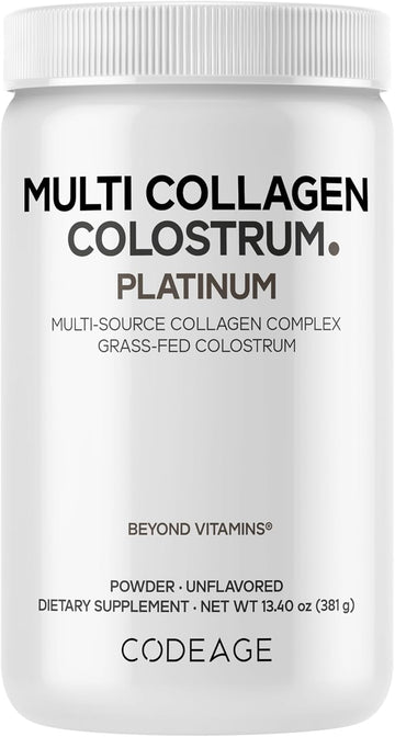Codeage Multi Collagen Colostrum Powder Platinum - Hydrolyzed Grass-Fed Bovine Collagen Peptides, Grass-Fed Bovine Colostrum Supplement, Vitamin C, Biotin, Hyaluronic Acid, Lactoferrin - 13.4 Oz
