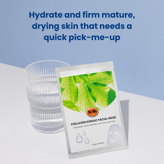 Yu-Be Facial Mask: Skin Firming Collagen | Plant-Based Konjac Sheet Mask Moisturizes, Softens, Nourishes, & Firms Mature Skin | Improves Tone & Texture | Home Spa Masks - 6 Sheets