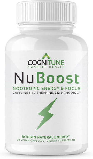 Cognitune Nuboost Energy & Focus Brain Supplement, Caffeine L-Theanine, Vitamin B12, Rhodiola + Bioperine, No Crash, Jitter Free 100Mg Caffeine Pills, Clean Nootropic Brain Booster, 60 Ct