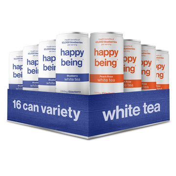 Happy Being Nutrient-Rich Organic Blueberry & Peach Rose White Tea – Infused With Turmeric, Elderberry, Vitamin D3, Caffeine Free, Plant-Based, Low Calorie & Low Sugar Drinks, Variety Pack (16 Pack)