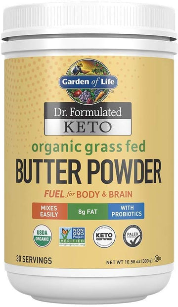 Garden Of Life Dr. Formulated Keto Organic Grass Fed Butter Powder, 8G Fat Mcts And Cla Plus Probiotics - Non-Gmo, Gluten Free, Keto & Paleo - For Coffee, Baking, Cooking & Shakes - 30 Servings