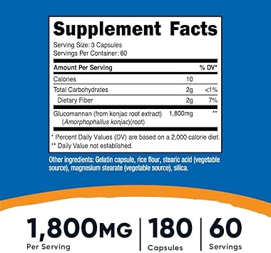 Nutricost Glucomannan 1,800mg Per Serving, 180 Capsules - Natural Fiber Source, Non-GMO, Gluten Free