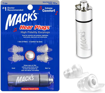 Mack'S High Fidelity Ear Plugs For Concerts, Musicians, Motorcycles, Noise Sensitivity - 1 Pair (2 Comfort Tip Sizes) - Clear Hear Plugs With Case