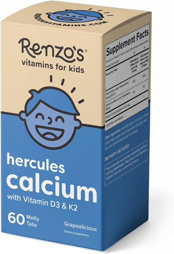 Renzo'S Hercules Calcium Supplement With Vitamin D3 & K2 - Dissolving Kids Vitamins - 60 Grape-Flavored Melty Tabs