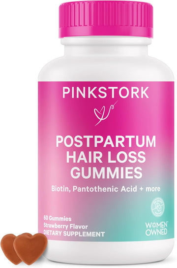 Pink Stork Postpartum Hair Loss Gummies - Biotin With Vitamin E, Pantothenic Acid, B6 & B12 For Beautiful & Strong Hair, Skin, And Nails - Postpartum Essentials For New Moms - 60 Gummy Vitamins