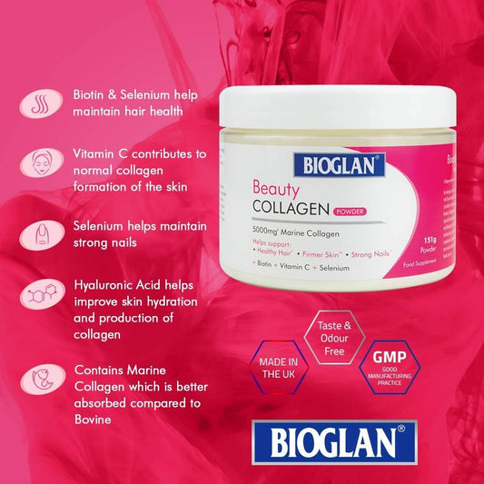 Bioglan Collagen Powder | 5000Mg Marine Collagen Powder | Helps Support Healthy Looking Skin, Hair, Nails | Biotin | Vitamin C | Selenium | Hyaluronic Acid | 151G
